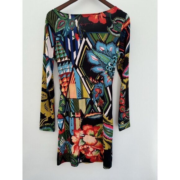Desigual Rosita Dress M (14) Colorful Floral Stretch Faux Wrap Bodycon Mini - Picture 6 of 16